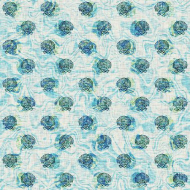 Ege Teal deniz kabuğu deniz kabuğu kusursuz desen. Grunge ev dekorasyonu kumaş tekstil ürünleri için soluk keten efekt arka planı. 