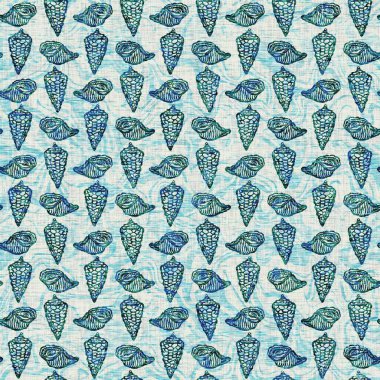 Ege Teal deniz kabuğu deniz kabuğu kusursuz desen. Grunge ev dekorasyonu kumaş tekstil ürünleri için soluk keten efekt arka planı. 