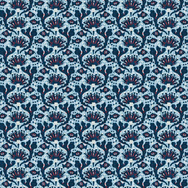 Indigo sininen merilevää saumaton kuvio. Marine rakkolevä kasvi tulostaa nantucket tekstiili käsin piirretty lohko tulostaa tyyli. Kesä 2 sävy korkea kontrasti pellava kangas vaikutus jpg swatch — kuvapankkivalokuva