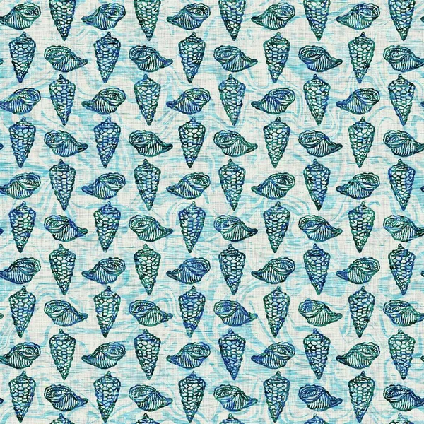 Ege Teal deniz kabuğu deniz kabuğu kusursuz desen. Grunge ev dekorasyonu kumaş tekstil ürünleri için soluk keten efekt arka planı. 