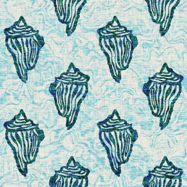 Ege Teal deniz kabuğu deniz kabuğu kusursuz desen. Grunge ev dekorasyonu kumaş tekstil ürünleri için soluk keten efekt arka planı. 