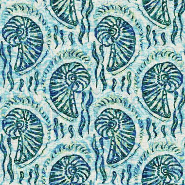 Ege Teal deniz kabuğu deniz kabuğu kusursuz desen. Grunge ev dekorasyonu kumaş tekstil ürünleri için soluk keten efekt arka planı. 