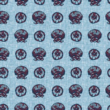 Indigo Blue Seashell deniz kabuğu kusursuz desen. Klasik nantucket kumaş, tekstil, blok baskı tarzında modern deniz kabuğu baskısı. Yaz 2 ton yüksek kontrastlı jpg fayans örneği