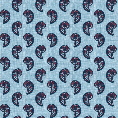 Indigo Blue Seashell deniz kabuğu kusursuz desen. Klasik nantucket kumaş, tekstil, blok baskı tarzında modern deniz kabuğu baskısı. Yaz 2 ton yüksek kontrastlı jpg fayans örneği