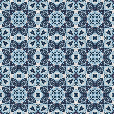 İndigo mavisi, kırmızı, batik, jeo, denizcilik, kusursuz desen. Modern marin geometrik kaleydoskop denizci baskısı. Nantucket kumaş tarzı. Yaz kırsal erkeksi aşınmış keten efekti deniz dekoru. 