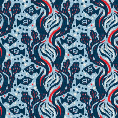 Çivit mavisi deniz yosunu, kusursuz desen. Nantucket tekstil el işçiliğinde deniz yosunu bitkisi izi. Blok baskı stili çizilmiş. Yaz 2: Yüksek kontrastlı keten kumaş efekti jpg swatch