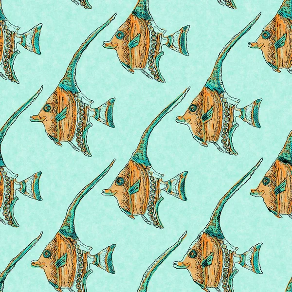 Coral teal shoal of fish linen wash nautical background. Summer coastal style fabric swatches. Under the sea life tropical fishes material. 2 tone green reef dyed textile seamless pattern. — Stock Photo, Image