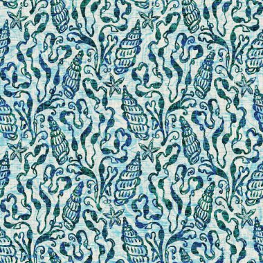 Ege Teal deniz kabuğu deniz kabuğu kusursuz desen. Grunge ev dekorasyonu kumaş tekstil ürünleri için soluk keten efekt arka planı. 