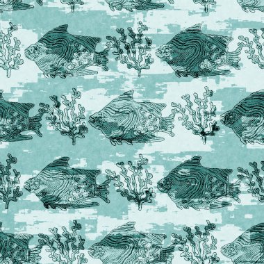 Ege deniz mavisi balık örtüsü sürüsü deniz altyapısını yıkar. Yaz sahili kumaş örnekleri. Deniz altında tropikal balıklar yüzer. 2 tonluk mavi boyalı tekstil dikişsiz desen.