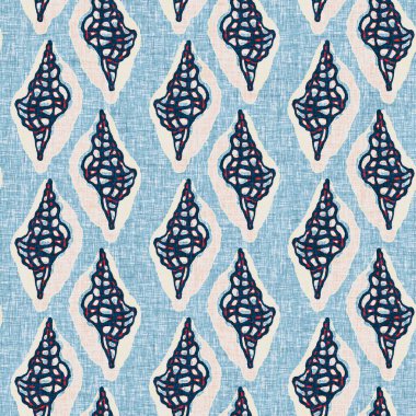Indigo Blue Seashell deniz kabuğu kusursuz desen. Klasik nantucket kumaş, tekstil, blok baskı tarzında modern deniz kabuğu baskısı. Yaz 2 ton yüksek kontrastlı jpg fayans örneği