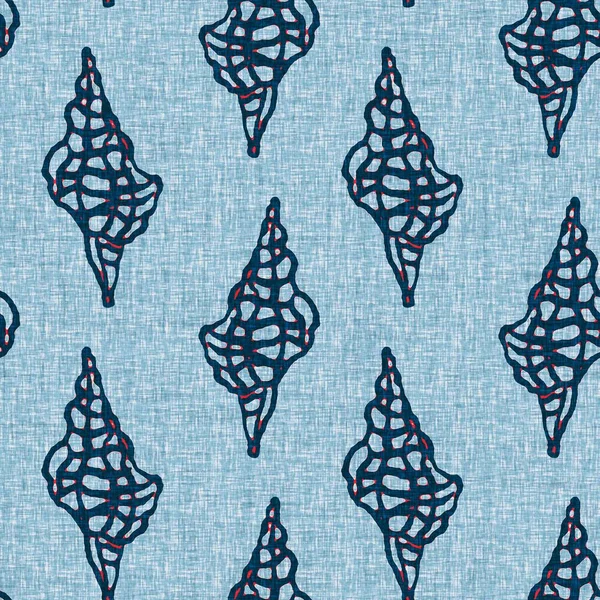 Indigo Blue Seashell ναυτική αδιάλειπτη μοτίβο. Μοντέρνο marine shell print σε κλασικό nantucket ύφασμα χειροποίητο σχέδιο μπλοκ εκτύπωσης. Καλοκαίρι 2 τόνος υψηλής αντίθεσης jpg πλακιδίων Swatch — Φωτογραφία Αρχείου