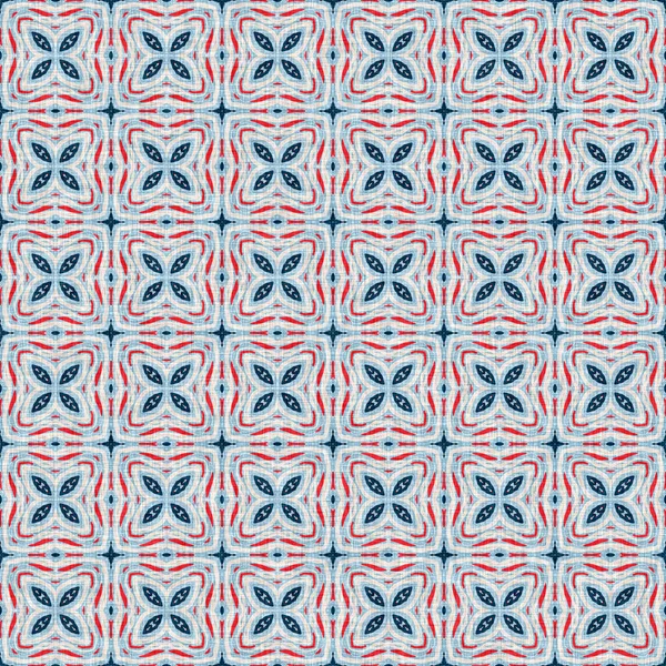 Indigo blue red batik geo nautical seamless pattern. Moderní marin geometrický kaleidoskop námořník tisk. Textilní styl Nantucketu. Letní rustikální mužské opotřebované prádlo efekt námořní výzdoba. — Stock fotografie