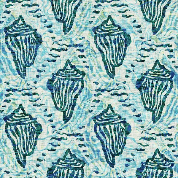 Ege Teal deniz kabuğu deniz kabuğu kusursuz desen. Grunge ev dekorasyonu kumaş tekstil ürünleri için soluk keten efekt arka planı. 