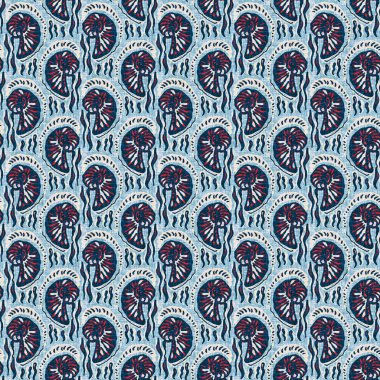 Indigo Blue Seashell deniz kabuğu kusursuz desen. Klasik nantucket kumaş, tekstil, blok baskı tarzında modern deniz kabuğu baskısı. Yaz 2 ton yüksek kontrastlı jpg fayans örneği