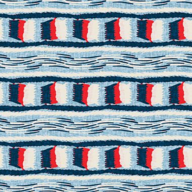 İndigo mavisi yatay kırık çizgili, denizdeki pürüzsüz desen. Modern deniz hattı çizgili denizci baskısı. Klasik Nantucket kumaş tarzı. Yaz deniz dekoru. Hazırsı erkeksi moda baskısı.