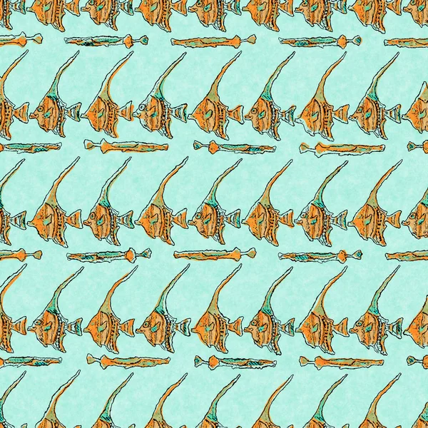 魚のリネンのサンゴのアザラシは、航海の背景を洗う。夏の海岸スタイルのファブリック腕時計。海の生命熱帯魚の材料の下で。2トーングリーンリーフ染織シームレスパターン. — ストック写真