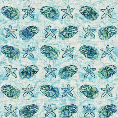 Ege Teal deniz kabuğu deniz kabuğu kusursuz desen. Grunge ev dekorasyonu kumaş tekstil ürünleri için soluk keten efekt arka planı. 