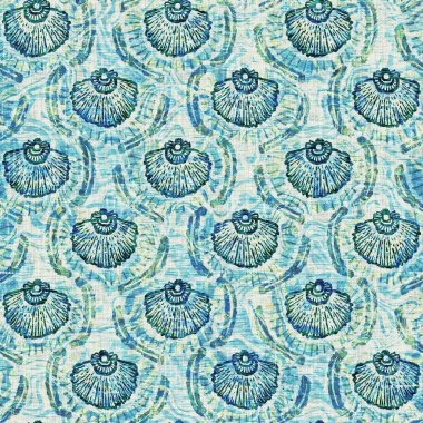 Ege Teal deniz kabuğu deniz kabuğu kusursuz desen. Grunge ev dekorasyonu kumaş tekstil ürünleri için soluk keten efekt arka planı. 