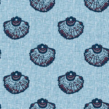 Indigo Blue Seashell deniz kabuğu kusursuz desen. Klasik nantucket kumaş, tekstil, blok baskı tarzında modern deniz kabuğu baskısı. Yaz 2 ton yüksek kontrastlı jpg fayans örneği