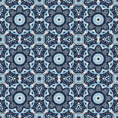 İndigo mavisi, kırmızı, batik, jeo, denizcilik, kusursuz desen. Modern marin geometrik kaleydoskop denizci baskısı. Nantucket kumaş tarzı. Yaz kırsal erkeksi aşınmış keten efekti deniz dekoru. 