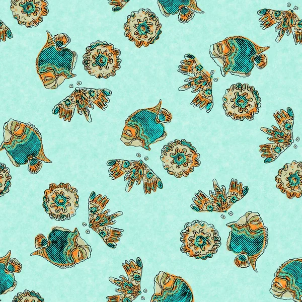 Balık keten mercan sürüsü deniz altyapısını yıkar. Yaz sahili kumaş örnekleri. Deniz altında tropikal balıklar malzemelerle beslenir. 2 tonluk yeşil resif boyalı tekstil dikişsiz desen.