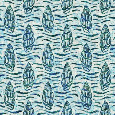 Ege Teal deniz kabuğu deniz kabuğu kusursuz desen. Grunge ev dekorasyonu kumaş tekstil ürünleri için soluk keten efekt arka planı. 