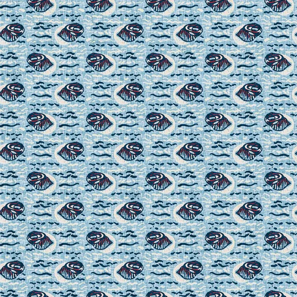 Indigo Blue Seashell deniz kabuğu kusursuz desen. Klasik nantucket kumaş, tekstil, blok baskı tarzında modern deniz kabuğu baskısı. Yaz 2 ton yüksek kontrastlı jpg fayans örneği