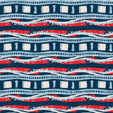 İndigo mavisi yatay kırık çizgili, denizdeki pürüzsüz desen. Modern deniz hattı çizgili denizci baskısı. Klasik Nantucket kumaş tarzı. Yaz deniz dekoru. Hazırsı erkeksi moda baskısı.