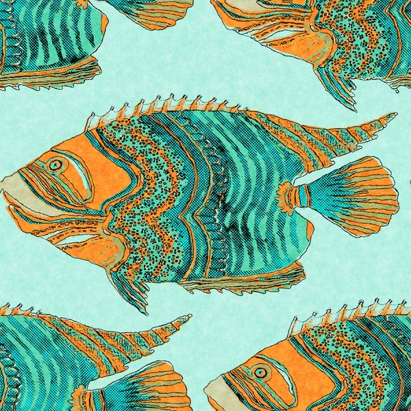 Banc de sarcelle de corail de lin de poisson laver fond nautique. Échantillons de tissu de style côtier d'été. Sous la vie marine poissons tropicaux matière. motif sans couture textile teint récif vert 2 tons. — Photo