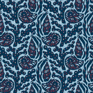 Çivit mavisi deniz yosunu, kusursuz desen. Nantucket tekstil el işçiliğinde deniz yosunu bitkisi izi. Blok baskı stili çizilmiş. Yaz 2: Yüksek kontrastlı keten kumaş efekti jpg swatch