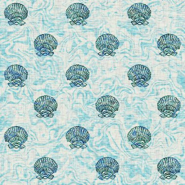 Ege Teal deniz kabuğu deniz kabuğu kusursuz desen. Grunge ev dekorasyonu kumaş tekstil ürünleri için soluk keten efekt arka planı. 