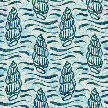 Ege Teal deniz kabuğu deniz kabuğu kusursuz desen. Grunge ev dekorasyonu kumaş tekstil ürünleri için soluk keten efekt arka planı. 