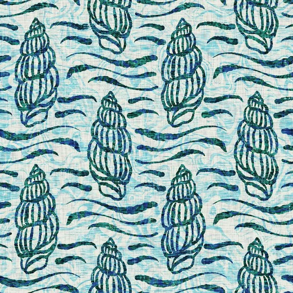 Ege Teal deniz kabuğu deniz kabuğu kusursuz desen. Grunge ev dekorasyonu kumaş tekstil ürünleri için soluk keten efekt arka planı. 