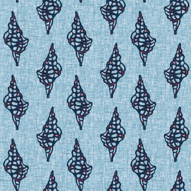 Indigo Blue Seashell deniz kabuğu kusursuz desen. Klasik nantucket kumaş, tekstil, blok baskı tarzında modern deniz kabuğu baskısı. Yaz 2 ton yüksek kontrastlı jpg fayans örneği
