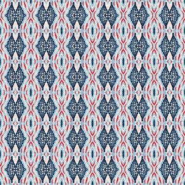 İndigo mavisi, kırmızı, batik, jeo, denizcilik, kusursuz desen. Modern marin geometrik kaleydoskop denizci baskısı. Nantucket kumaş tarzı. Yaz kırsal erkeksi aşınmış keten efekti deniz dekoru. 