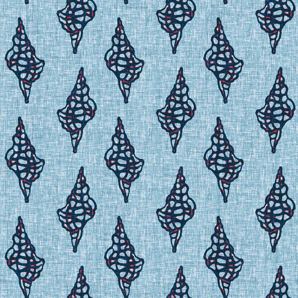 Indigo Blue Seashell deniz kabuğu kusursuz desen. Klasik nantucket kumaş, tekstil, blok baskı tarzında modern deniz kabuğu baskısı. Yaz 2 ton yüksek kontrastlı jpg fayans örneği