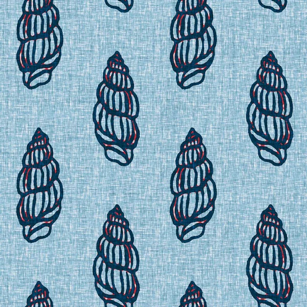 Indigo Blue Seashell deniz kabuğu kusursuz desen. Klasik nantucket kumaş, tekstil, blok baskı tarzında modern deniz kabuğu baskısı. Yaz 2 ton yüksek kontrastlı jpg fayans örneği