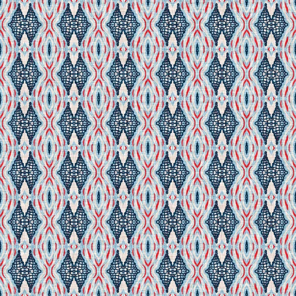 İndigo mavisi, kırmızı, batik, jeo, denizcilik, kusursuz desen. Modern marin geometrik kaleydoskop denizci baskısı. Nantucket kumaş tarzı. Yaz kırsal erkeksi aşınmış keten efekti deniz dekoru. 