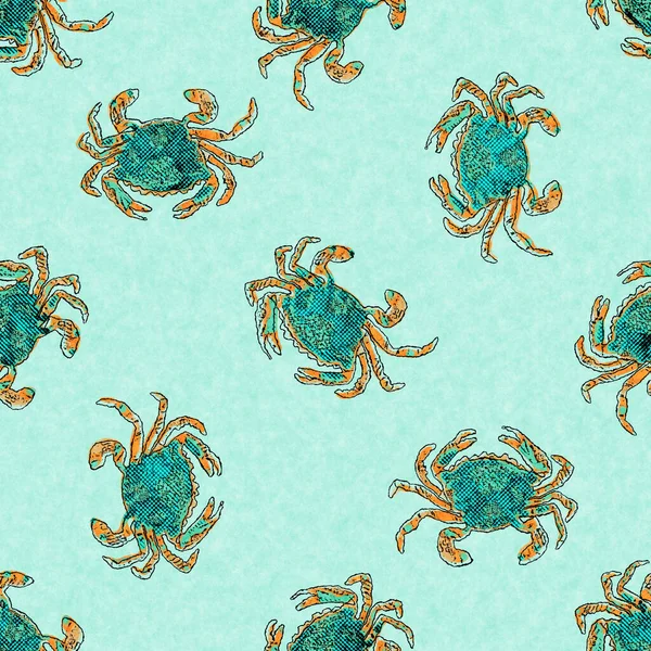 Korall grön krabba linne tvätta nautisk bakgrund. Sommar kust stil tyg swatches. Under havet liv tropiska kräftdjur material. 2 ton grönt rev färgade textil sömlös mönster. — Stockfoto