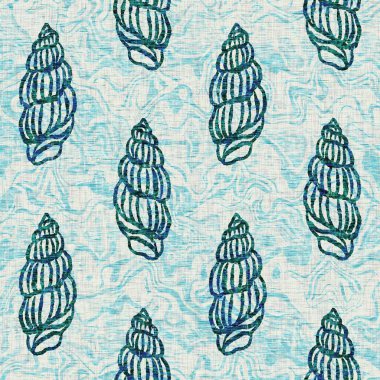 Ege Teal deniz kabuğu deniz kabuğu kusursuz desen. Grunge ev dekorasyonu kumaş tekstil ürünleri için soluk keten efekt arka planı. 