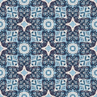 İndigo mavisi, kırmızı, batik, jeo, denizcilik, kusursuz desen. Modern marin geometrik kaleydoskop denizci baskısı. Nantucket kumaş tarzı. Yaz kırsal erkeksi aşınmış keten efekti deniz dekoru. 