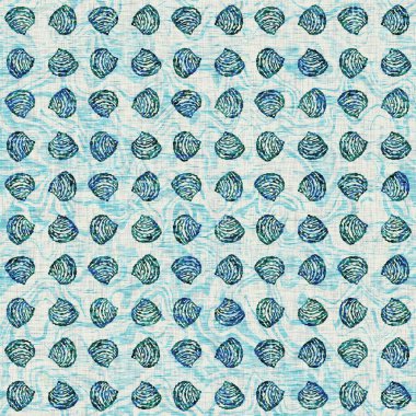 Ege Teal deniz kabuğu deniz kabuğu kusursuz desen. Grunge ev dekorasyonu kumaş tekstil ürünleri için soluk keten efekt arka planı. 