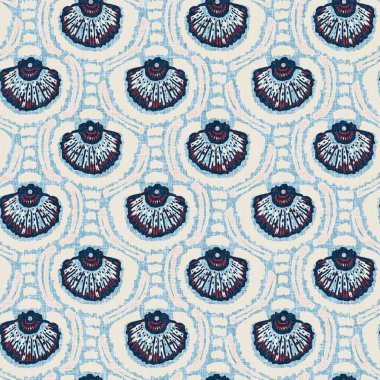 Indigo Blue Seashell deniz kabuğu kusursuz desen. Klasik nantucket kumaş, tekstil, blok baskı tarzında modern deniz kabuğu baskısı. Yaz 2 ton yüksek kontrastlı jpg fayans örneği