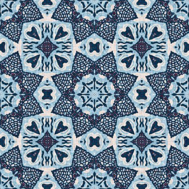 İndigo mavisi, kırmızı, batik, jeo, denizcilik, kusursuz desen. Modern marin geometrik kaleydoskop denizci baskısı. Nantucket kumaş tarzı. Yaz kırsal erkeksi aşınmış keten efekti deniz dekoru. 