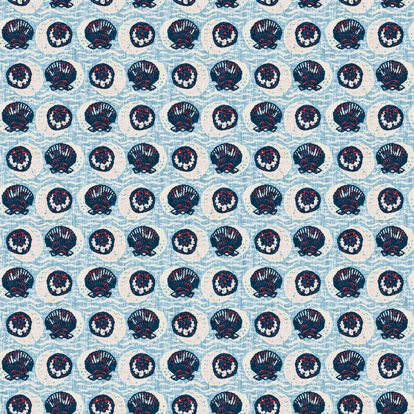 Indigo Blue Seashell nautical seamless pattern. Modern marine shell print in classic nantucket fabric textile hand drawn block print style. Summer 2 tone high contrast jpg tile swatch — Stock Photo, Image