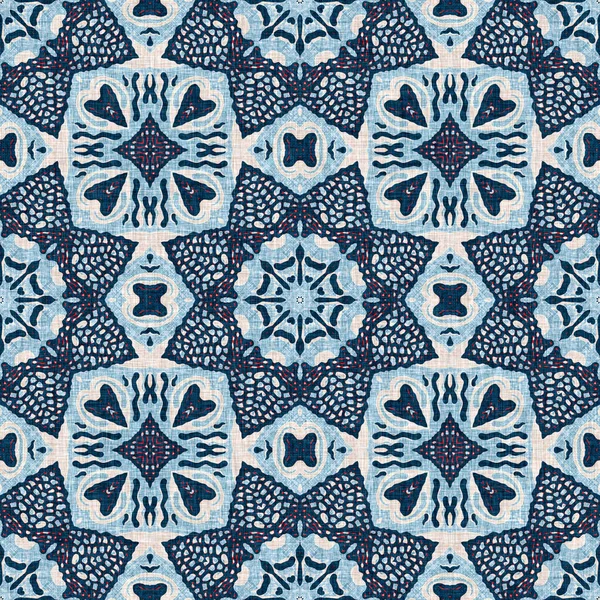 Indigo blå röd batik geo nautisk sömlös mönster. Modern marin geometriska kalejdoskop sjöman tryck. Nantucket tyg textil stil. Sommar rustika maskulina slitna linne effekt maritim inredning. — Stockfoto