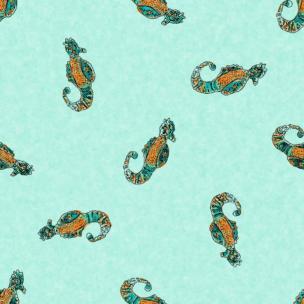 Korall grön sjöhäst linne tvätta nautisk bakgrund. Sommar kust stil tyg swatches. Under havet liv tropiska fiskar material. 2 ton grönt rev färgade textil sömlös mönster. — Stockfoto