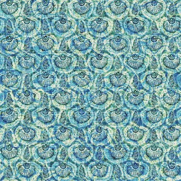 Ege Teal deniz kabuğu deniz kabuğu kusursuz desen. Grunge ev dekorasyonu kumaş tekstil ürünleri için soluk keten efekt arka planı. 