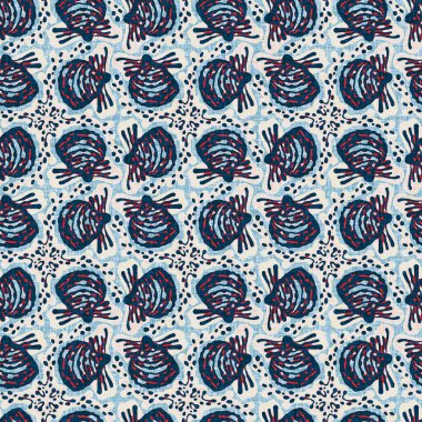 Indigo Blue Seashell deniz kabuğu kusursuz desen. Klasik nantucket kumaş, tekstil, blok baskı tarzında modern deniz kabuğu baskısı. Yaz 2 ton yüksek kontrastlı jpg fayans örneği