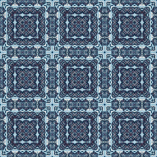 Indigo blauw rood batik geo nautisch naadloos patroon. Moderne marin geometrische caleidoscoop matroos print. Nantucket stof textiel stijl. Zomer rustieke mannelijke gedragen linnen effect maritieme decor. — Stockfoto